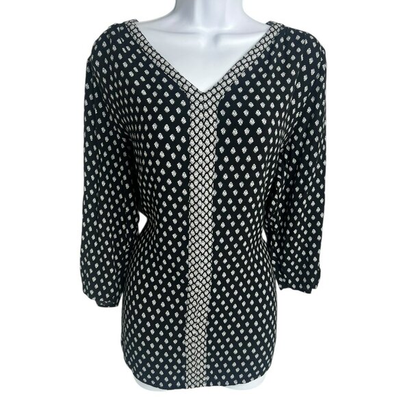 Croft & Barrow Women’s Black Patterned Blouse V-Neck 3 Quarter Sleeve Size L - Picture 1 of 7